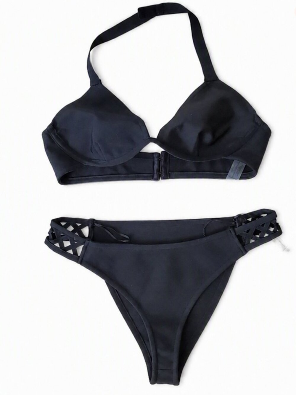 Solid black halter underwire criss cross pattern at hips bikini